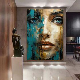 Abstract Lady Painting Framed blue and beige Woman painting Woman Face Artwork Original Maiden art face Canvas Art Large Abstract Painting (style: 01, size: 140x210cm)