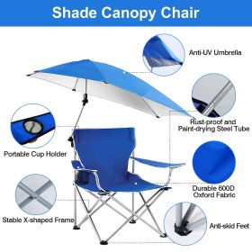Foldable Beach Chair with Detachable Umbrella Armrest Adjustable Canopy Stool with Cup Holder Carry Bag for Camping Poolside Travel Picnic Lawn Chair (Color: Blue)