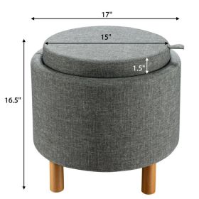 Round Fabric Storage Ottoman with Tray and Non-Slip Pads for Bedroom (Color: Gray)