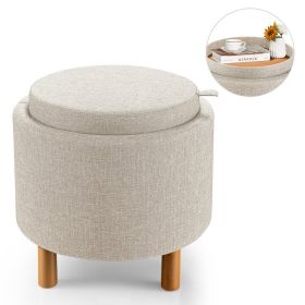 Round Fabric Storage Ottoman with Tray and Non-Slip Pads for Bedroom (Color: Beige)