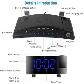 Projection Alarm Clock with Radio Function 7.7In Curved-Screen LED Digital Alarm Clock w/ Dual Alarms 4 Dimmer 12/24 Hour (Light Color: Blue)