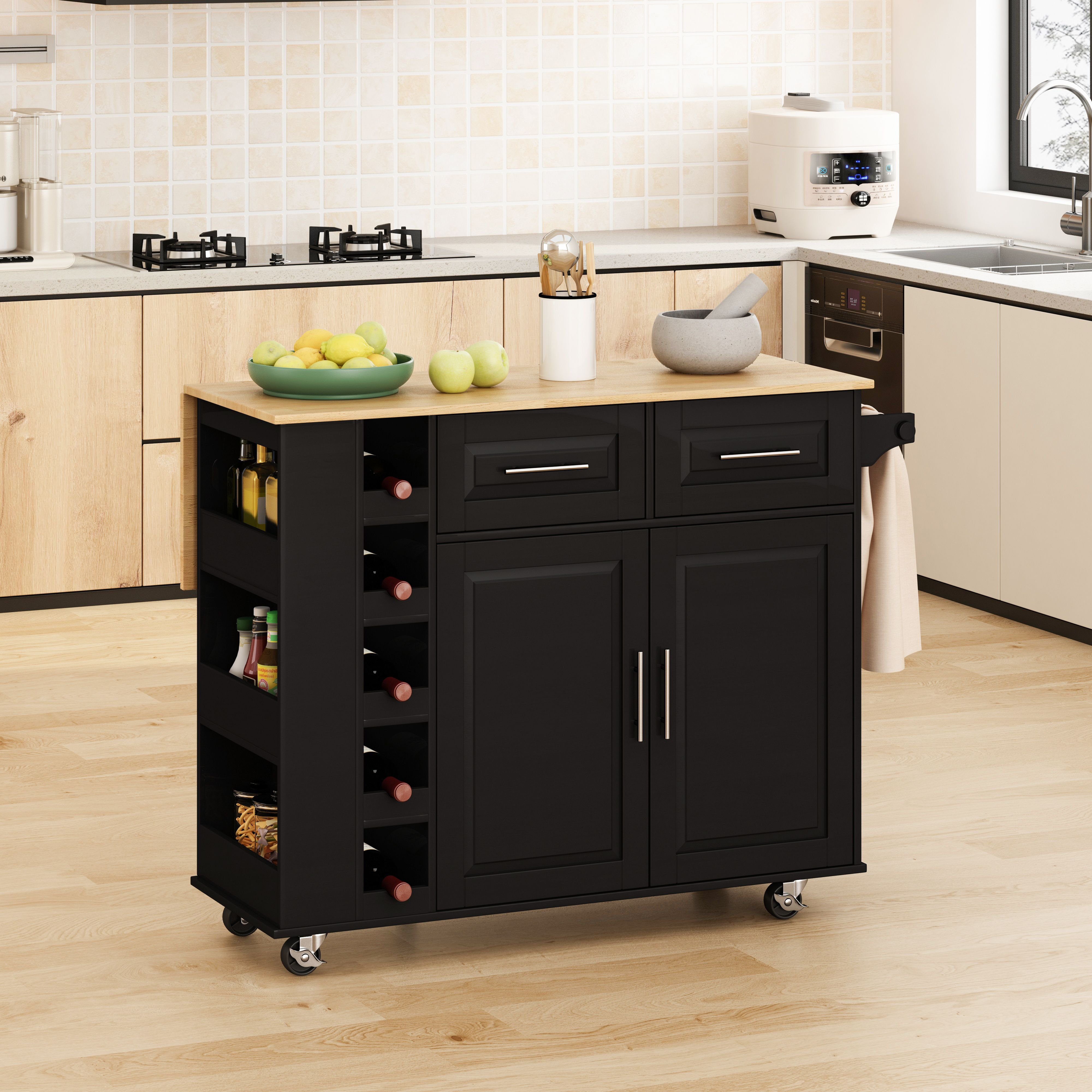Multi-Functional Kitchen Island Cart with 2 Door Cabinet and Two Drawers,Spice Rack, Towel Holder, Wine Rack, and Foldable Rubberwood Table Top Multi-Functional Kitchen Island Cart with 2 Door Cabinet and Two Drawers,Spice Rack, Towel Holder, Wine Rack, and Foldable Rubberwood Table Top