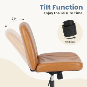 Cross-legged office chair without wheels, comfortable cross chair wide home desk chair, adjustable swivel armless computer work chair for home office (Color: PU+PVC - Brown)