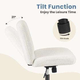 Cross-legged office chair without wheels, comfortable cross chair wide home desk chair, adjustable swivel armless computer work chair for home office (Color: Teddy Fabric - Beige)