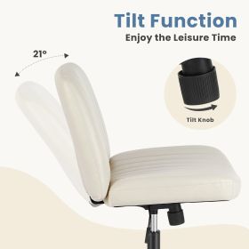 Cross-legged office chair without wheels, comfortable cross chair wide home desk chair, adjustable swivel armless computer work chair for home office (Color: PU+PVC - Beige)