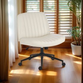 Cross-legged office chair without wheels, comfortable cross chair wide home desk chair, adjustable swivel armless computer work chair for home office (Color: PU+PVC - Beige - With Wheels)