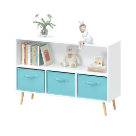 Kids bookcase with Collapsible Fabric Drawers, Children's Book Display, Toy Storage Cabinet Organizer, White/Pink (Material: MDF, Color: White+Blue)