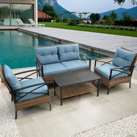 Patio 4 piece sectional low dining conversation sofa set- KD rattan wicker outdoor garden furniture corner sofa set with cushion. (Color: as Pic)
