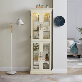 Lighted Glass Curio Display Cabinet,Display Cabinet,Glass Storage Cabinet Glass Wine cabinet Wood Frame Toy Display for Living Room, Kitchen (Color: Antique White)