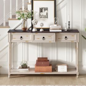 Console Table Sofa Table with Drawers for Entryway with Projecting Drawers and Long Shelf (Material: Solid Wood+MDF, Color: Beige)