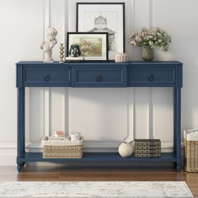 Console Table Sofa Table with Drawers for Entryway with Projecting Drawers and Long Shelf (Material: Solid Wood+MDF, Color: Antique Navy)