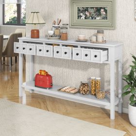 Rustic Entryway Console Table,60" Long Sofa Table with two Different Size Drawers and Bottom Shelf for Storage (Material: Solid Wood, Color: Antique White)