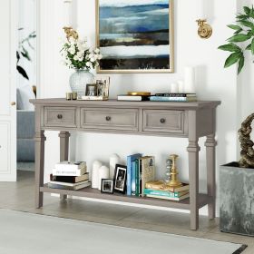 Classic Retro Style Console Table with Three Top Drawers and Open Style Bottom Shelf,Easy Assembly (Material: Solid Wood, Color: Gray Wash)