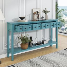 Rustic Entryway Console Table,60" Long Sofa Table with two Different Size Drawers and Bottom Shelf for Storage (Material: Solid Wood, Color: Turquoise Green)