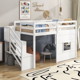 Twin Size Loft Bed with Storage Staircase and Window (Color: White)