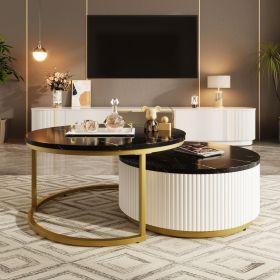 Modern Round Nesting Coffee Table Fluted with Drawer in 31.5'' (Material: MDF, Color: Golden Black)