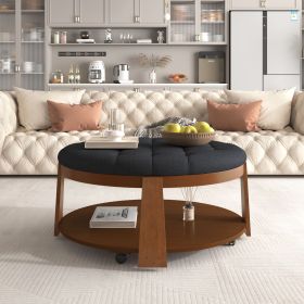 Modern Large Round Ottoman Coffee Table 2-Tier Oversized Button Tufted Ottoman with Wood Shelf Storage Upholstered Coffee Table for Living Room Footre (Material: Rubber Wood, Color: Black+Brown)