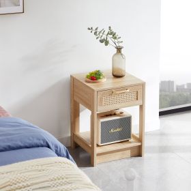 15.75" Rattan End table with drawer, Modern nightstand, side table for living room, bedroom (Material: MDF, Color: Natural)