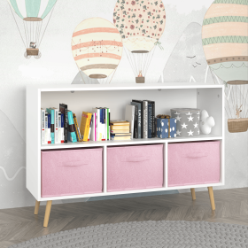 Kids bookcase with Collapsible Fabric Drawers, Children's Book Display, Toy Storage Cabinet Organizer, White/Pink (Material: MDF, Color: White+Pink)
