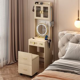 Small Vanity Desk with Mirror and LED Lights, Makeup Table with Charging Station and drawers and Storage Shelves for Small Space, Compact Mini Corner (Color: as picture)