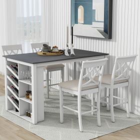 Updated Counter Height 5-piece Solid Wood Dining Table Set, 59*35.4Inch Table with Curved Wine Rack and 4 Upholstered Chairs (Material: Rubber Wood, Color: White)