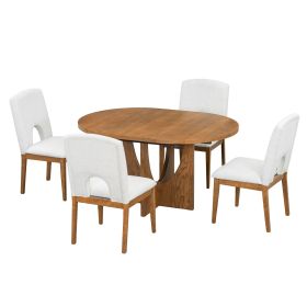 Modern 5-Piece Extendable Round Dining Table Set with 16.2inch Removable Leaf for Small Places (Material: Rubber Wood, Color: Walnut)