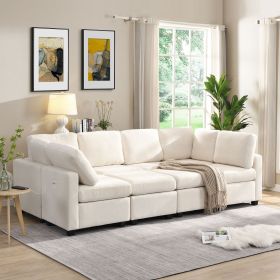 103" Sectional Sofa Couch Sofa Bed U-shaped Sofa with Two Movable Ottoman and Three USB Ports for Living Room (Material: Chenille, Color: Beige)
