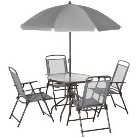 Outsunny 6 Piece Patio Dining Set for 4 with Umbrella, Outdoor Table and Chairs with 4 Folding Dining Chairs & Round Glass Table for Garden (Color: as Pic)
