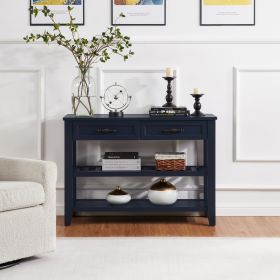 Retro Design Console Table with Two Open Shelves, Pine Solid Wood Frame and Legs for Living Room (Main Material: Wood, Main Color: Navy Blue)