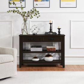 Retro Design Console Table with Two Open Shelves, Pine Solid Wood Frame and Legs for Living Room (Main Material: Wood, Main Color: Light Coffee)