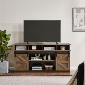 TV Stand Sliding Barn Door Modern&Farmhouse Wood Entertainment Center, Storage Cabinet Table Living Room with Adjustable Shelves for TVs Up to 65" (Main Material: MDF+Metal, Main Color: Brown)