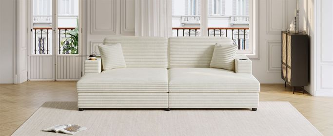 86.5" Oversized Loveseat Chaise Lounge Sectional Sofa Bed Corduroy Sleeper Sofa with Two USB Ports (Color: as Pic)