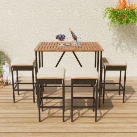 GO 5-Piece Outdoor Acacia Wood Bar Height Table And Four Stools With Cushions, Garden PE Rattan Wicker Dining Table, Foldable Tabletop (Color: as Pic)