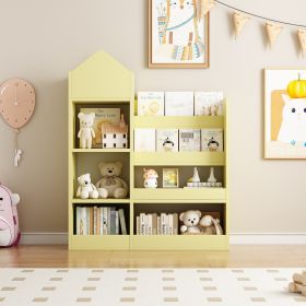 Kids Wooden Bookshelf Toy Storage Organizer with Bookcase, Kid's Storage Unit with 6 Compartments, Children Multi Shelf for Books, Toys Shelf (Material: MDF, Color: Yellow)