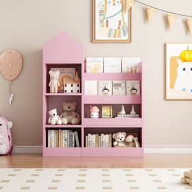 Kids Wooden Bookshelf Toy Storage Organizer with Bookcase, Kid's Storage Unit with 6 Compartments, Children Multi Shelf for Books, Toys Shelf (Material: MDF, Color: Pink)