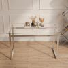 51" Modern Minimalist Rectangular Glass Dining Table for 4-6 with 0.31" Tempered Glass Tabletop and Black Chrome Metal Legs, Writing Table Desk