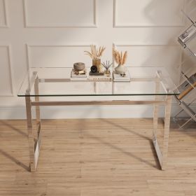 51" Modern Minimalist Rectangular Glass Dining Table for 4-6 with 0.31" Tempered Glass Tabletop and Black Chrome Metal Legs, Writing Table Desk (Color: Silvery)