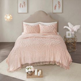 Romantic Boho Chic Tufted Cotton Chenille Medallion Fringe Coverlet Set, Blush (size: King/Cal King)
