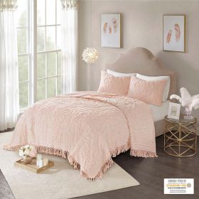 Romantic Boho Chic Tufted Cotton Chenille Medallion Fringe Coverlet Set, Blush (size: Full/Queen)