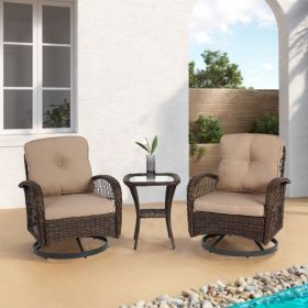 3 Pieces Outdoor Swivel Rocker Patio Chairs, 360 Degree Rocking Patio Conversation Set with Thickened Cushions and Glass Coffee Table for Backyard (Color: as picture)