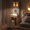 Small Vanity Desk with Mirror and LED Lights, Makeup Table with Charging Station and drawers and Storage Shelves for Small Space, Compact Mini Corner