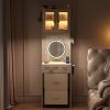 Small Vanity Desk with Mirror and LED Lights, Makeup Table with Charging Station and drawers and Storage Shelves for Small Space, Compact Mini Corner